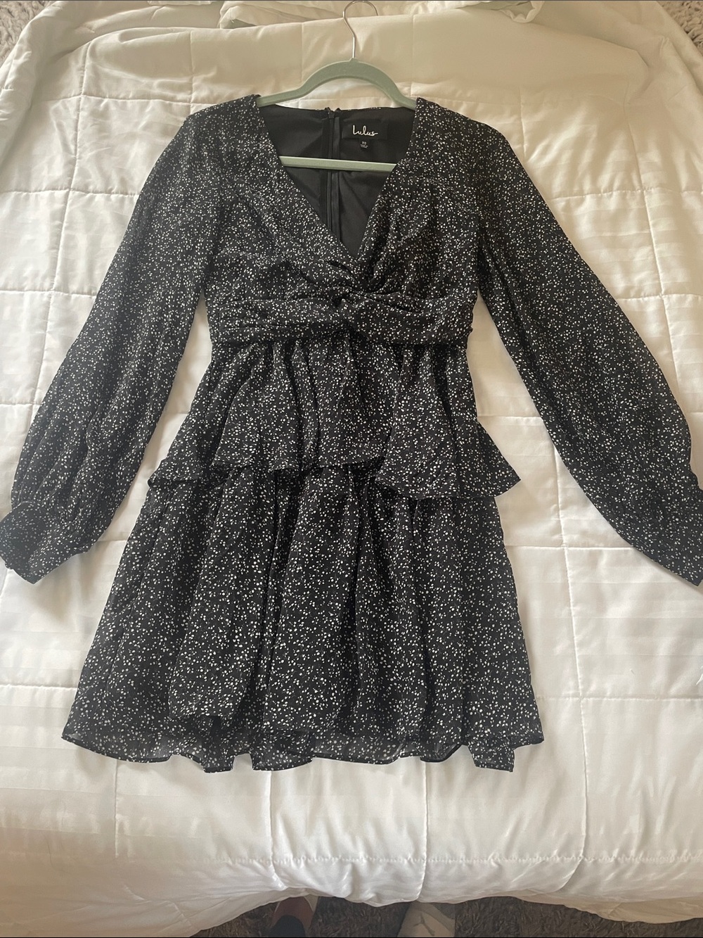 Lulu's Black and White Speckled Long-Sleeve Tiered Mini Dress